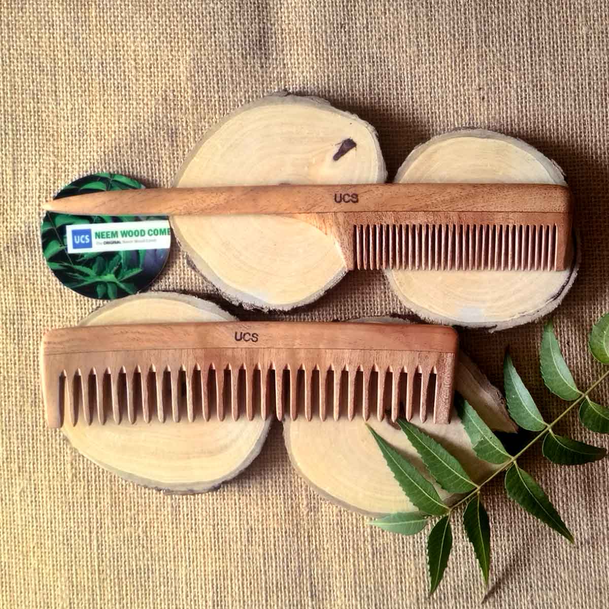 Set of 2 Neem Wood Hair Combs For Thick, Curly Hair (UCS1060)
